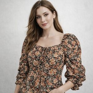 Blu Pepper Floral Peasant Top Boho Cottagecore Square Neck Tie Front M